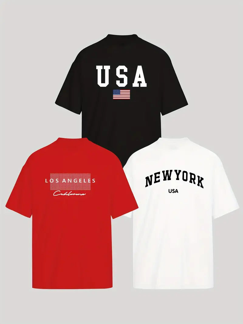 3-Pack Casual Graphic Tees β LA, New York & USA Patriotic Short Sleeve Shirts