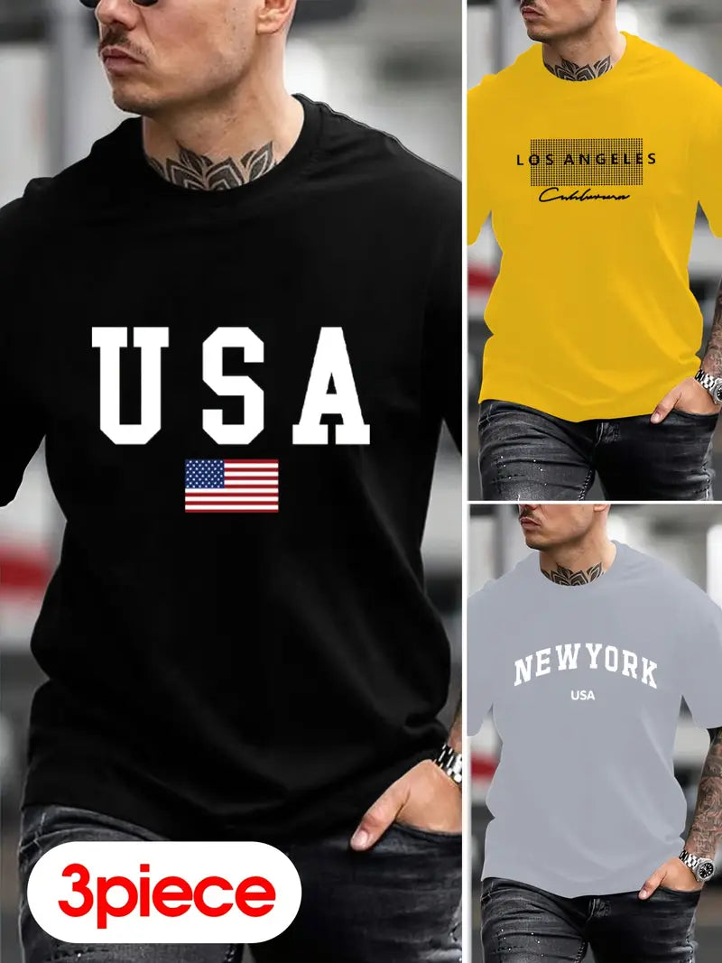 3-Pack Casual Graphic Tees β LA, New York & USA Patriotic Short Sleeve Shirts