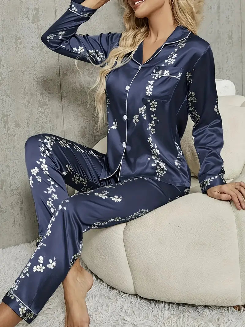 Effortless Elegance: The KRYEON Floral & Geometric Satin Pajama Set