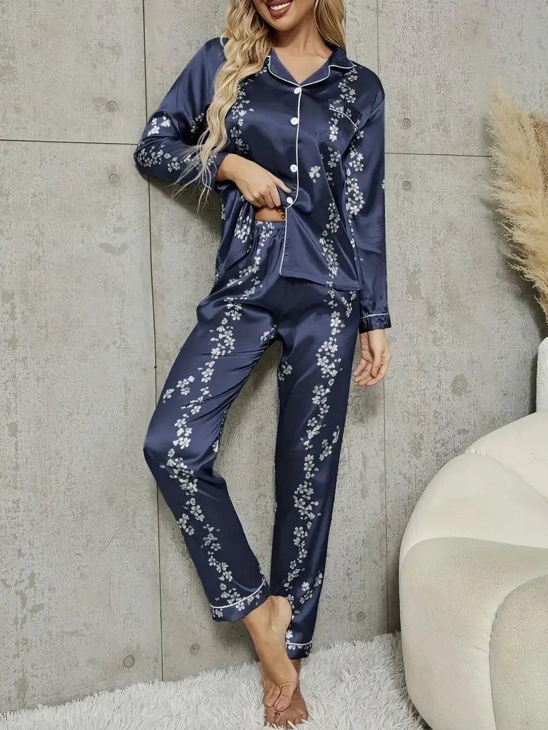 Effortless Elegance: The KRYEON Floral & Geometric Satin Pajama Set