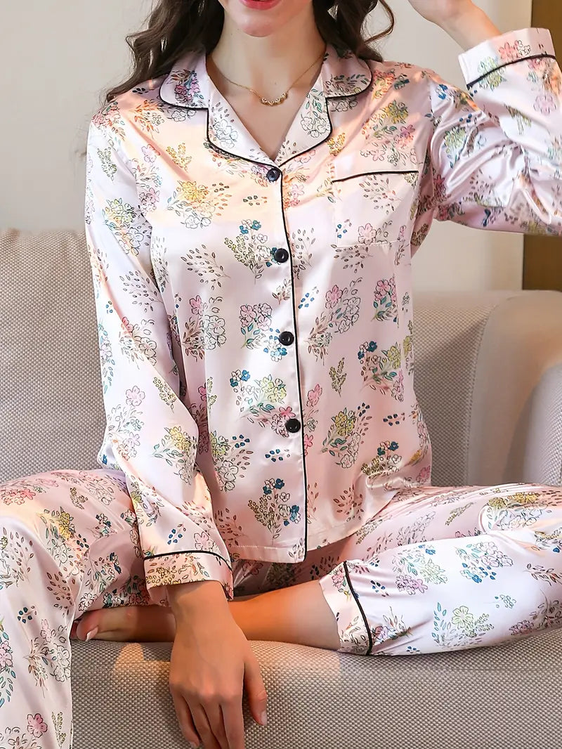 Women's Floral Print Long Sleeve Pajama Set - Button-Top & Pants