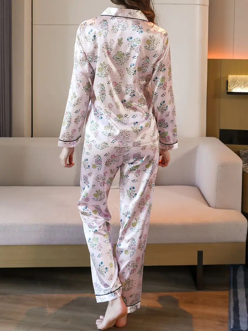 Women's Floral Print Long Sleeve Pajama Set - Button-Top & Pants