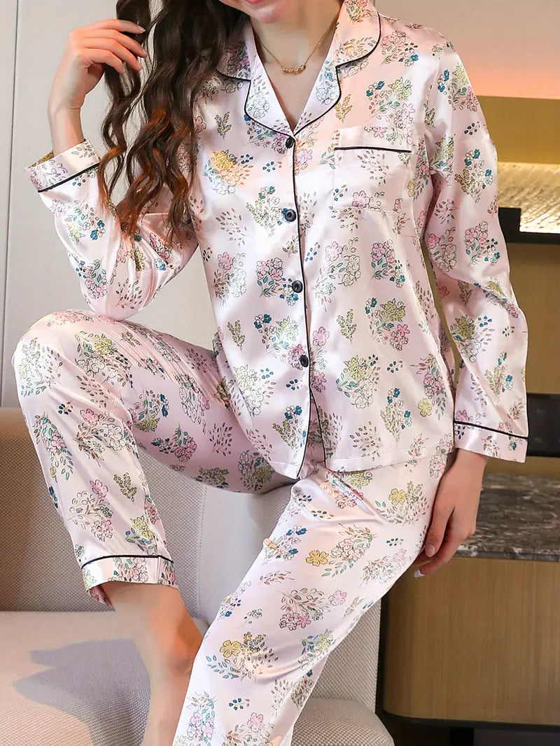 Women's Floral Print Long Sleeve Pajama Set - Button-Top & Pants
