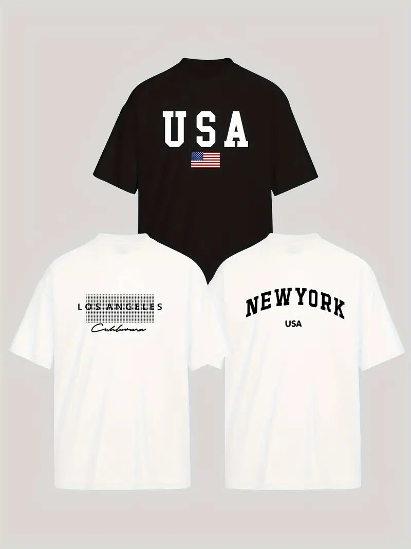 3-Pack Casual Graphic Tees β LA, New York & USA Patriotic Short Sleeve Shirts