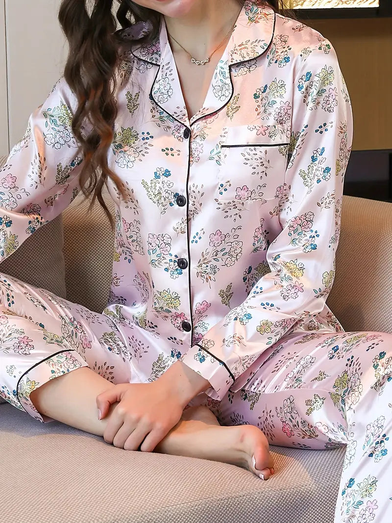 Women's Floral Print Long Sleeve Pajama Set - Button-Top & Pants