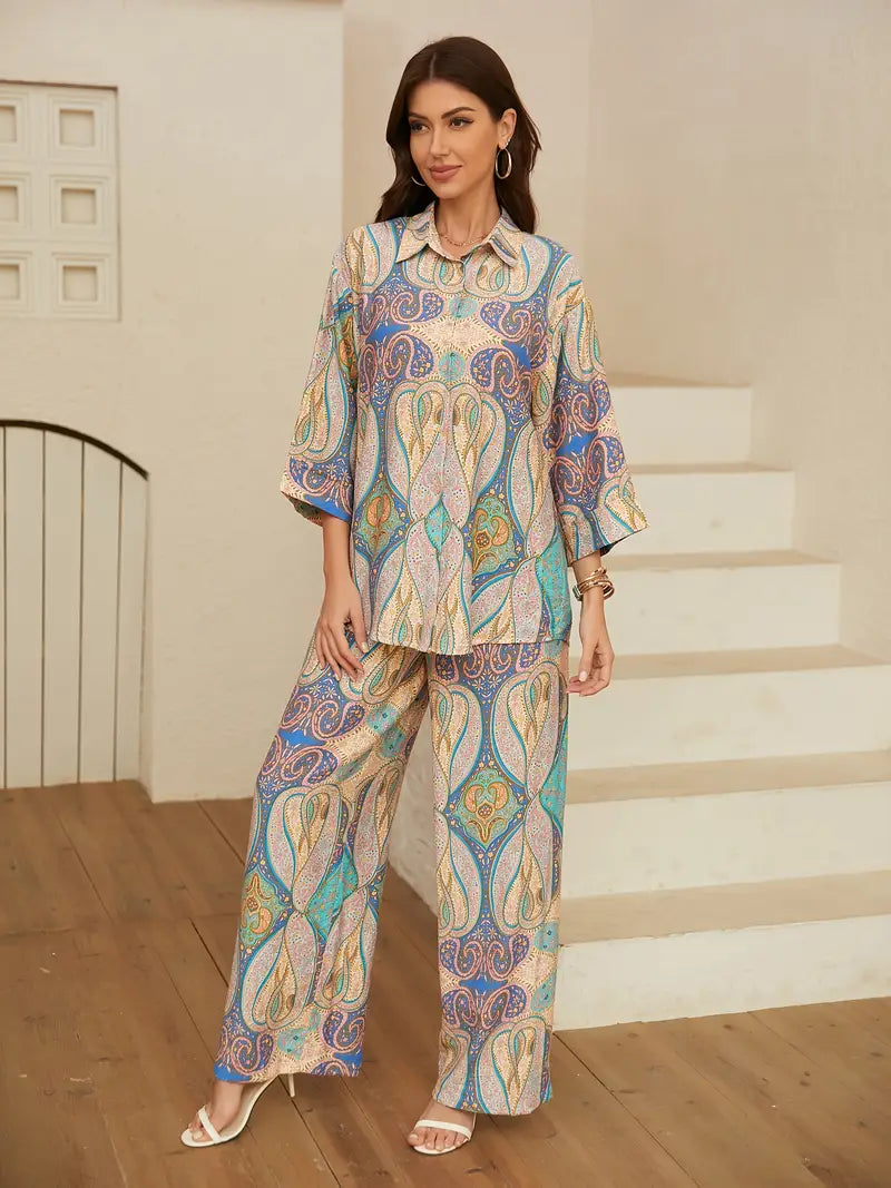 Elegant Grey Printed Co-Ord Set for Women – Western Style Long Shirt & Pants