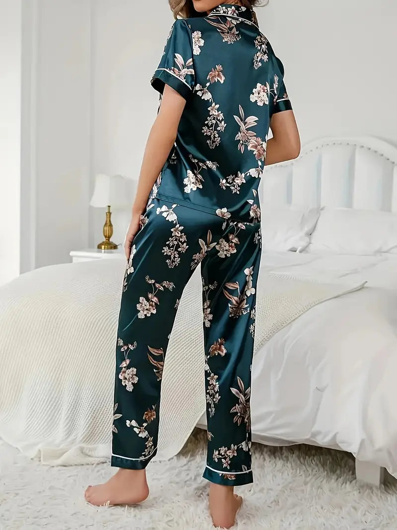 Women's Navy Floral Satin Pajamas - Soft, True-to-Size Fit & All-Season Wear