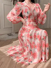 Floral Midi Dress Pink & White Rose Floral V-Neck Midi Dress