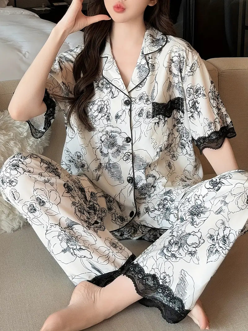 Chic Summer Short-Sleeve Pajama Set for Women - Ink Painting & Lace Trim