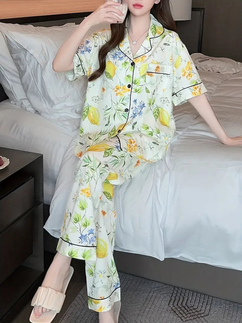 Women's Lightweight Floral Pajama Set - Comfortable Short Sleeve Top & Long Pants for Summer