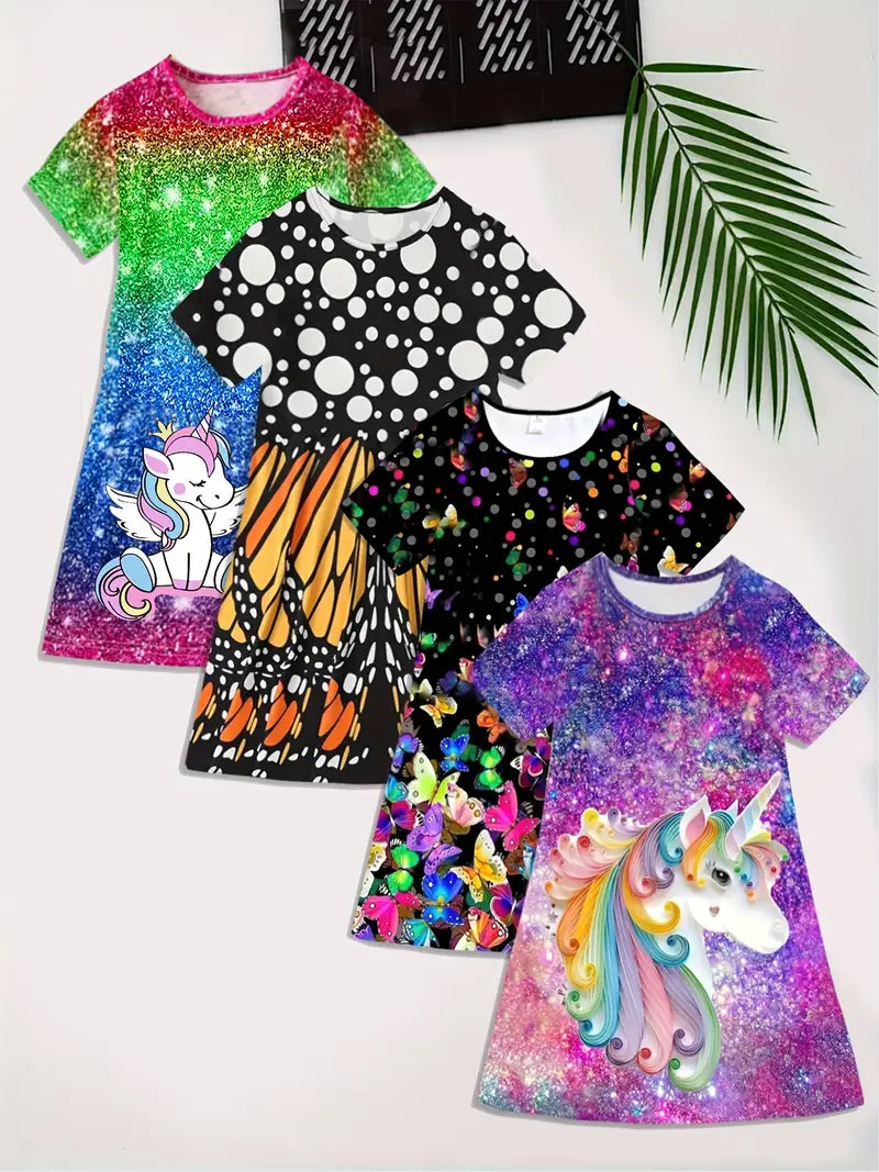 Girls' 4-Pack Novelty Dresses: Unicorn & Butterfly 3D patterns, perfect for summer vacation/casual wear.