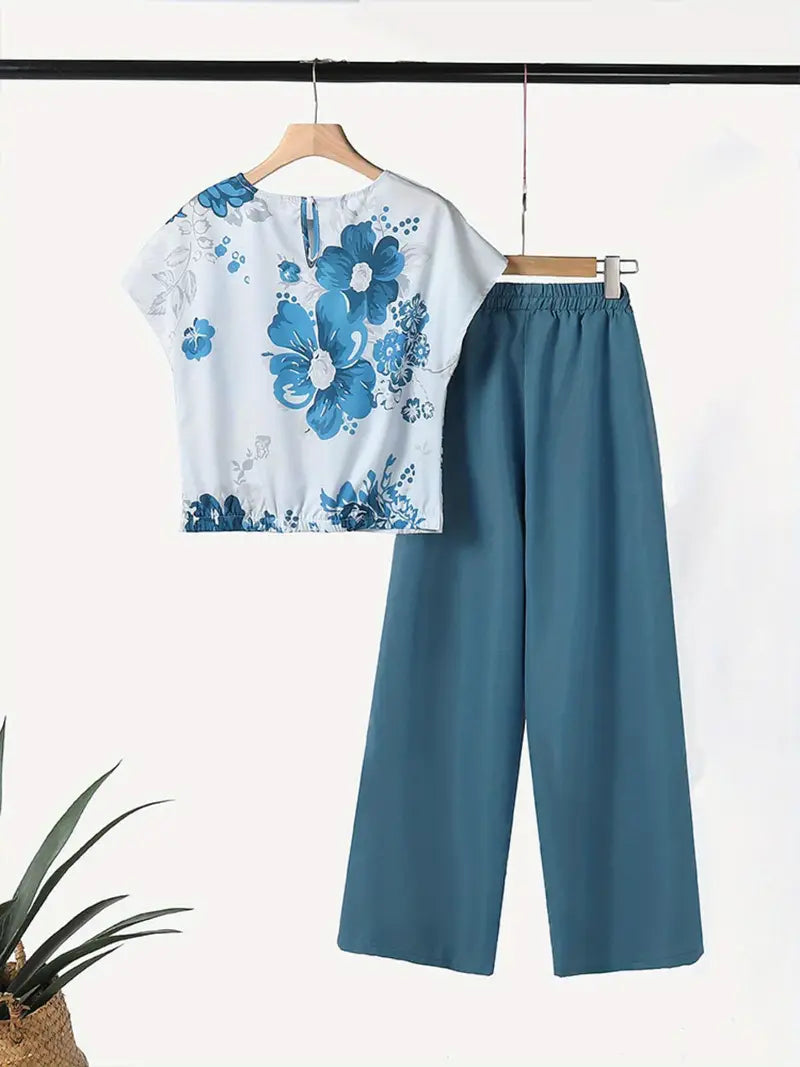 Breezy Bloom Set – Casual Floral Top & Wide-Leg Pants for Summer