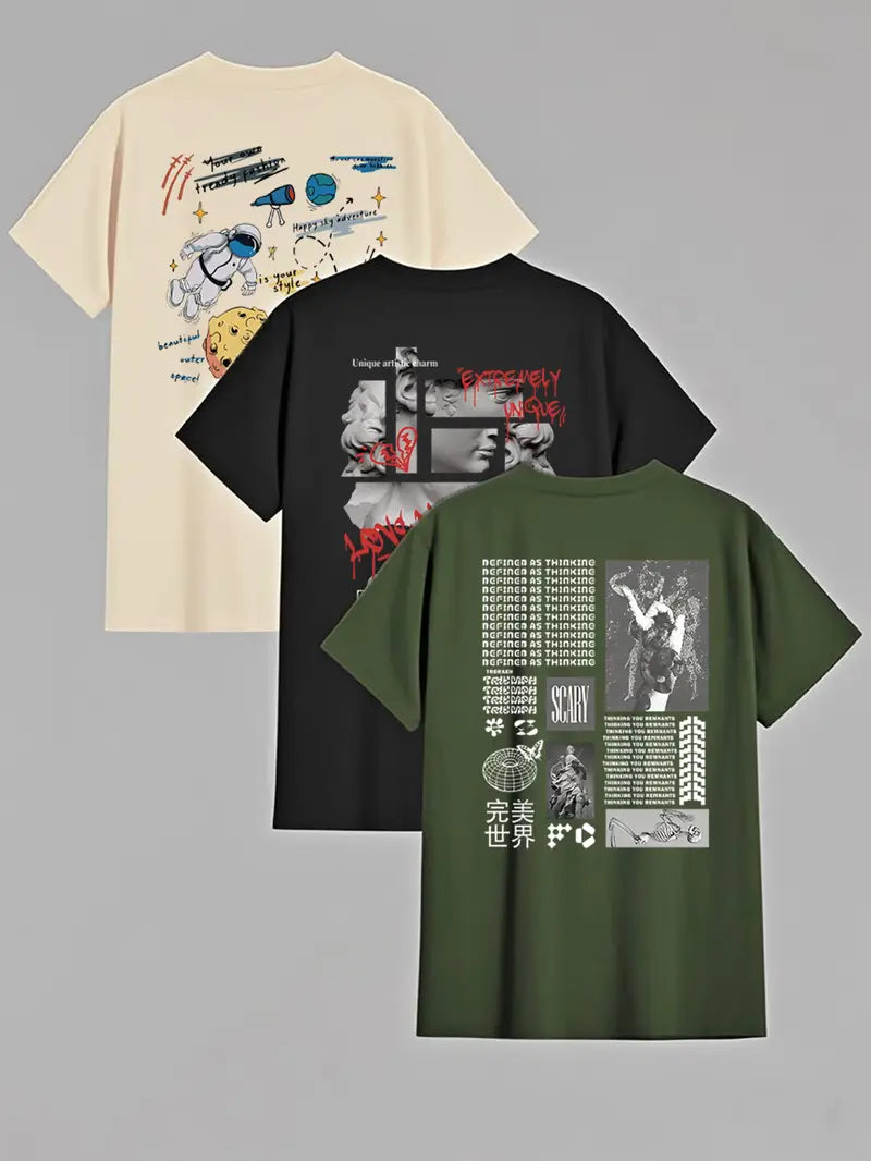 3-Pack Men’s  T-Shirts in Olive Green, White & Black with Stretch Fabric