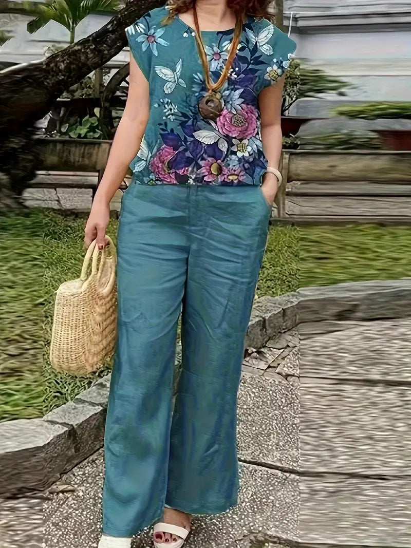 Flutter Chic – Boat Neck Floral Top with Matching Pants Set