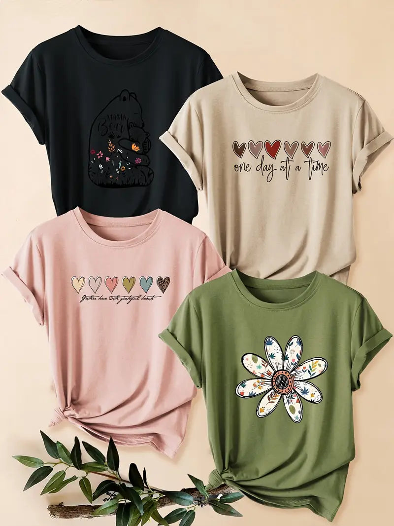 4pcs Women's - Daisy Print T-Shirts