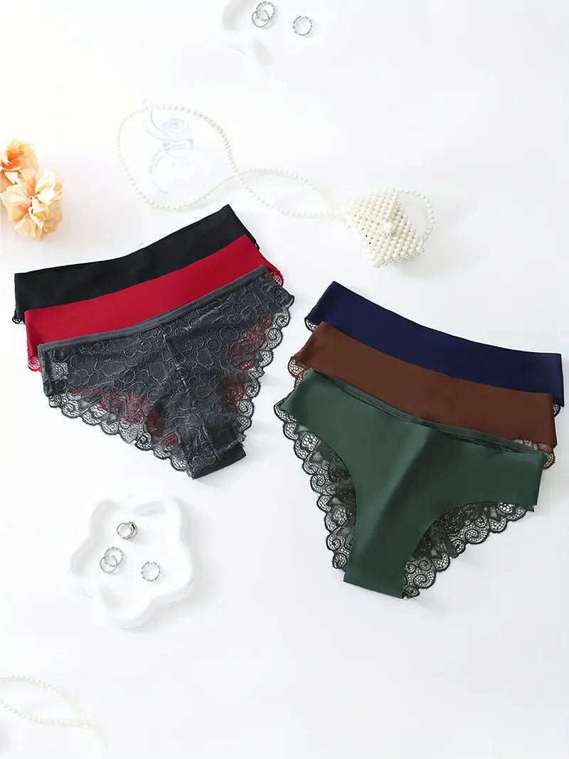 6pcs Women’s Lace Hipster Panties – Soft and Solid Colors with Contrast Lace