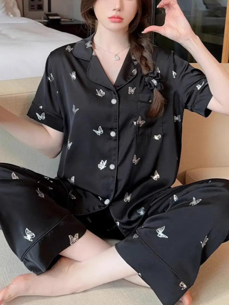 Women's French-Style Butterfly Print Fall Pajama Set - Short Sleeve Top & Long Pants