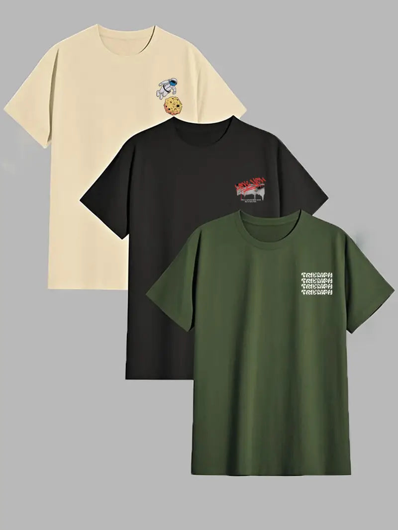 3-Pack Men’s  T-Shirts in Olive Green, White & Black with Stretch Fabric