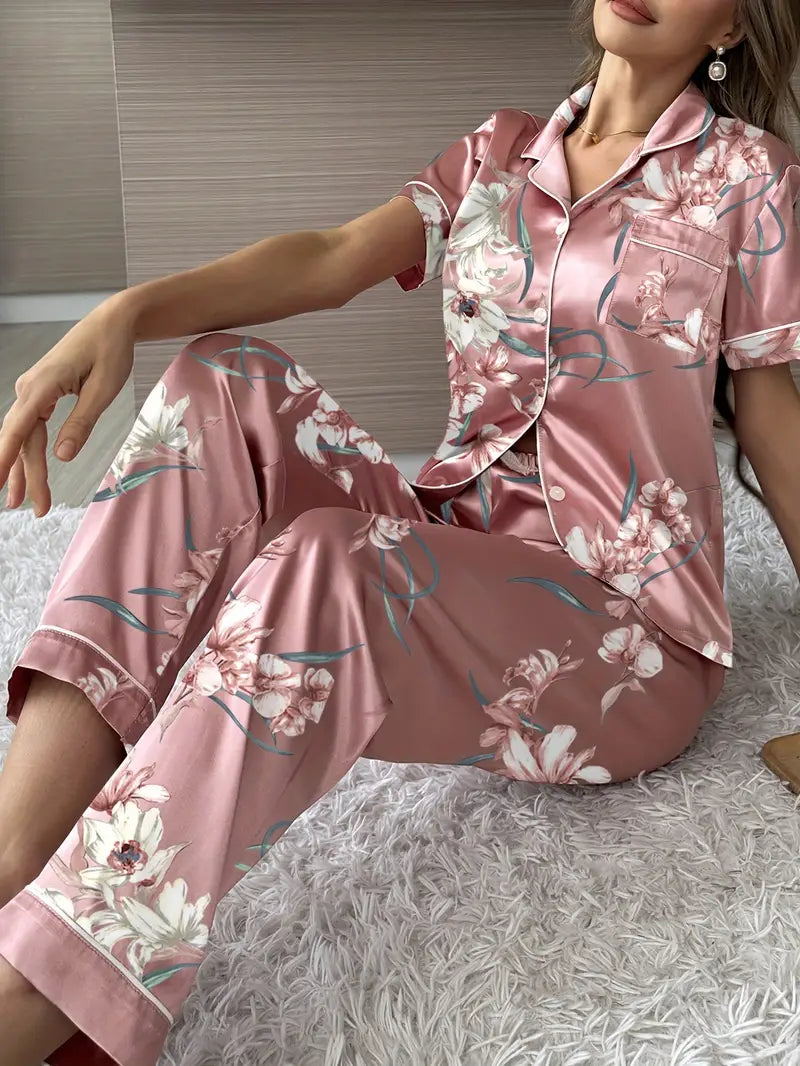 Chic Satin Print Pajamas - Short Sleeve Cardigan & Long Pants Loungewear