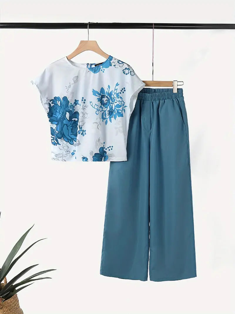 Breezy Bloom Set – Casual Floral Top & Wide-Leg Pants for Summer