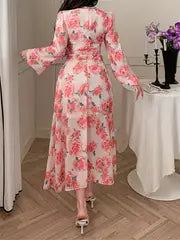 Floral Midi Dress Pink & White Rose Floral V-Neck Midi Dress