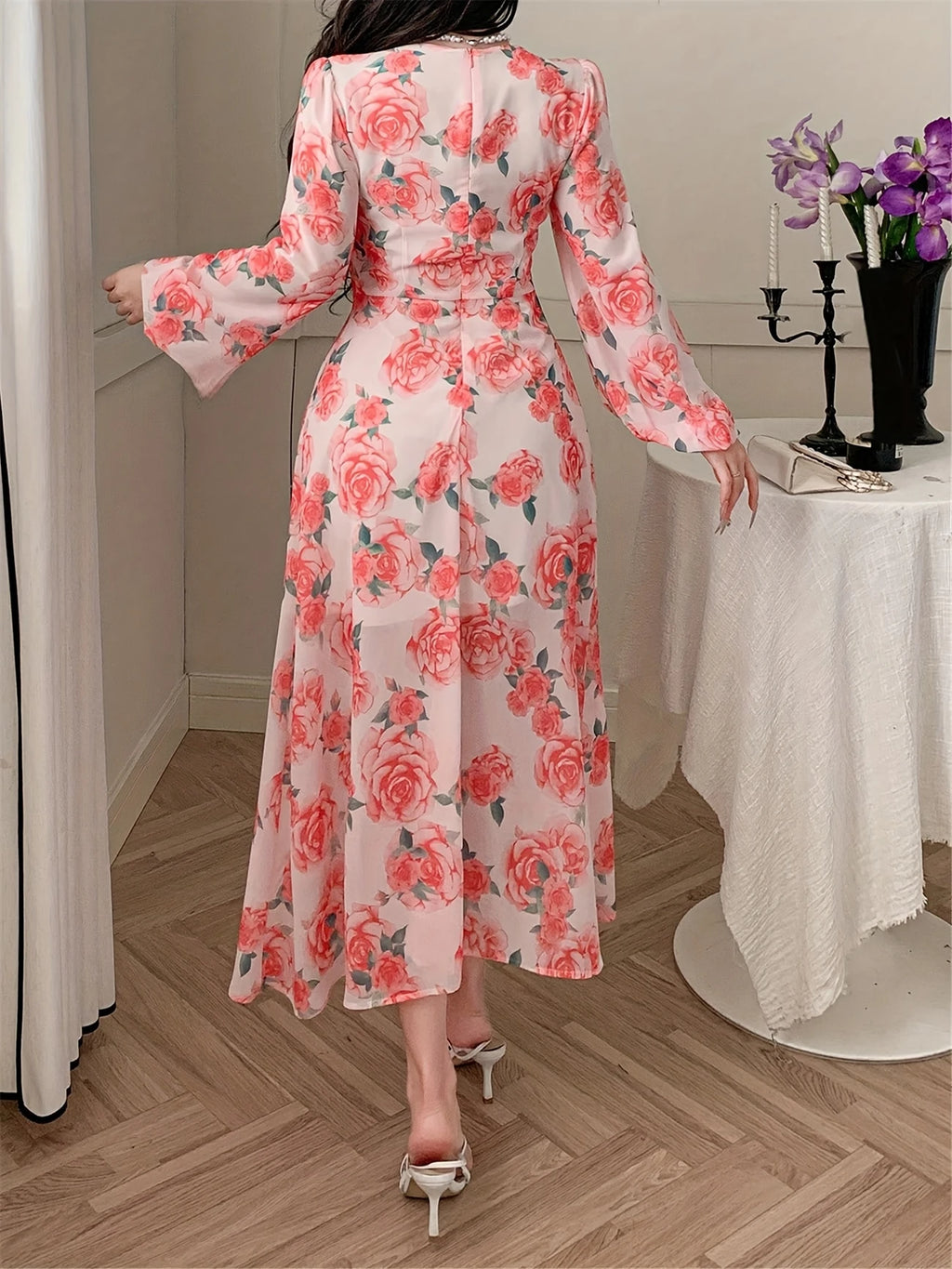 Floral Midi Dress Pink & White Rose Floral V-Neck Midi Dress