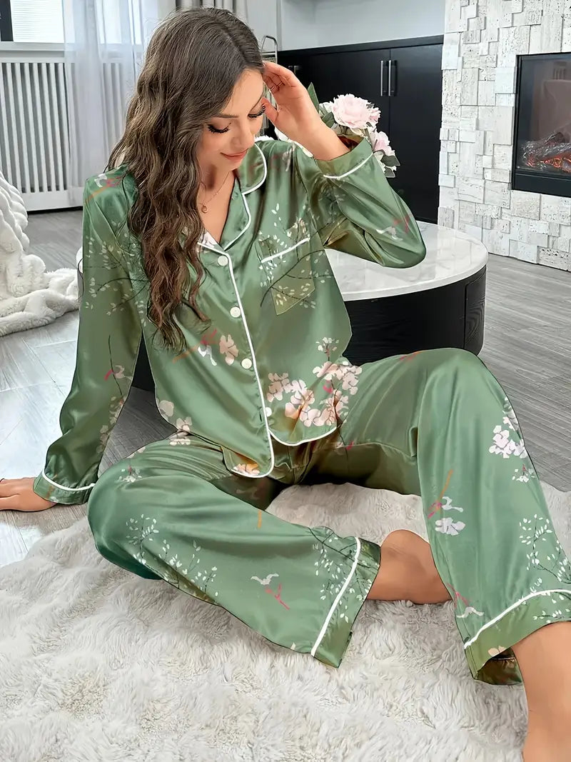 Comfortable Green Floral Satin Pajama Set for Women – All-Season Loungewear