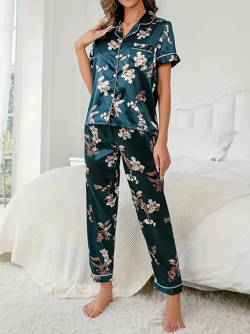 Women's Navy Floral Satin Pajamas - Soft, True-to-Size Fit & All-Season Wear