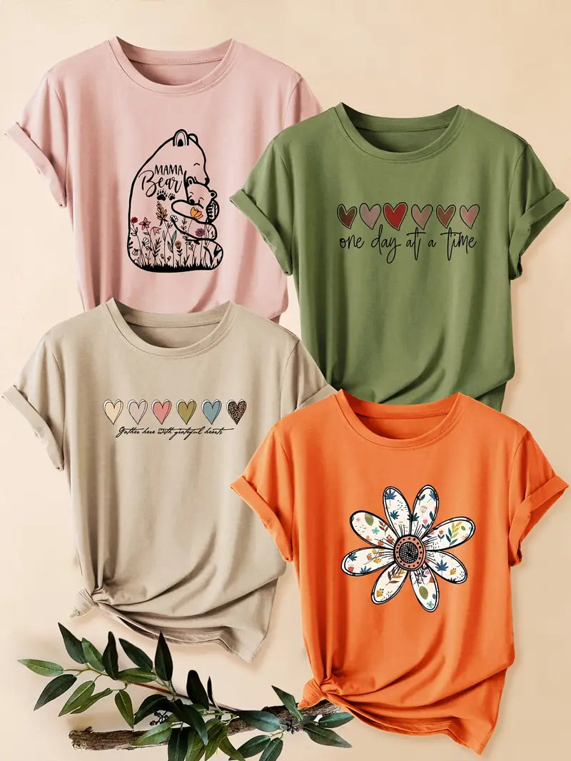 4pcs Women's - Daisy Print T-Shirts