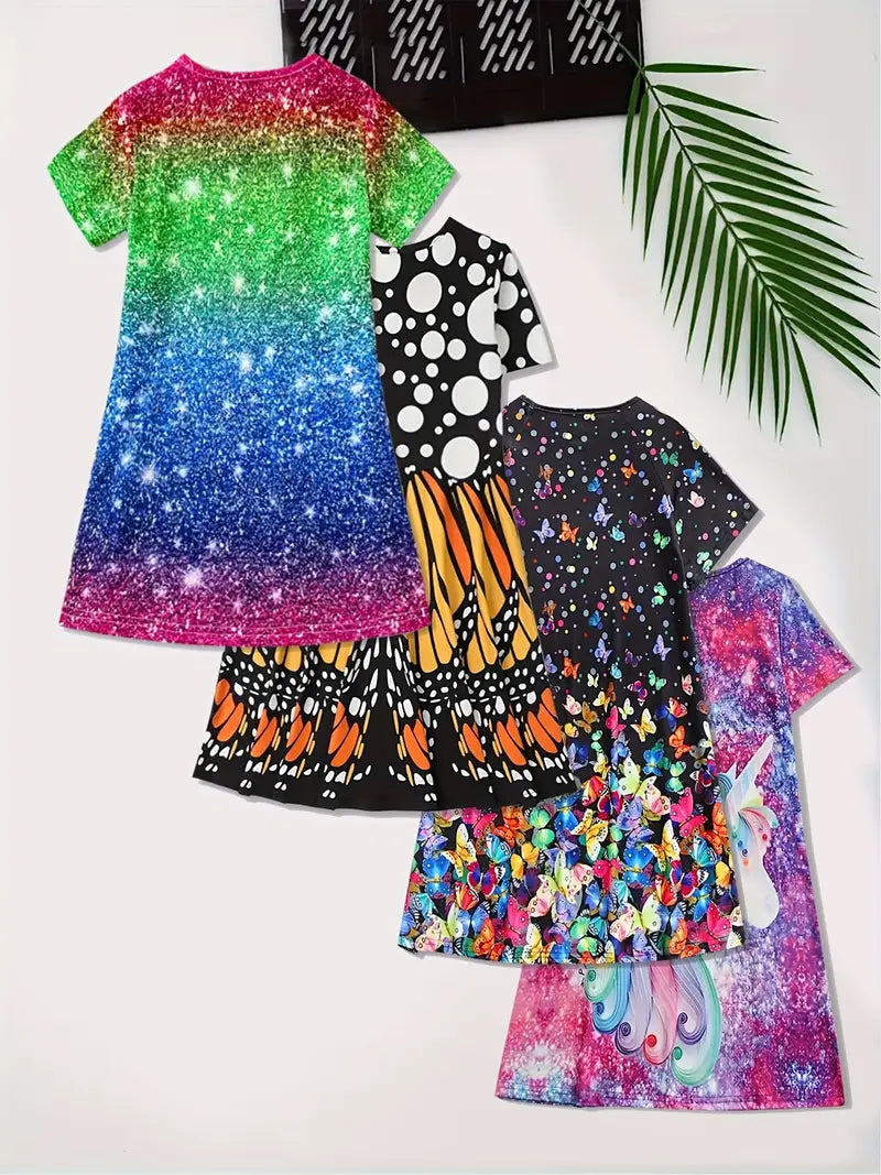 Girls' 4-Pack Novelty Dresses: Unicorn & Butterfly 3D patterns, perfect for summer vacation/casual wear.
