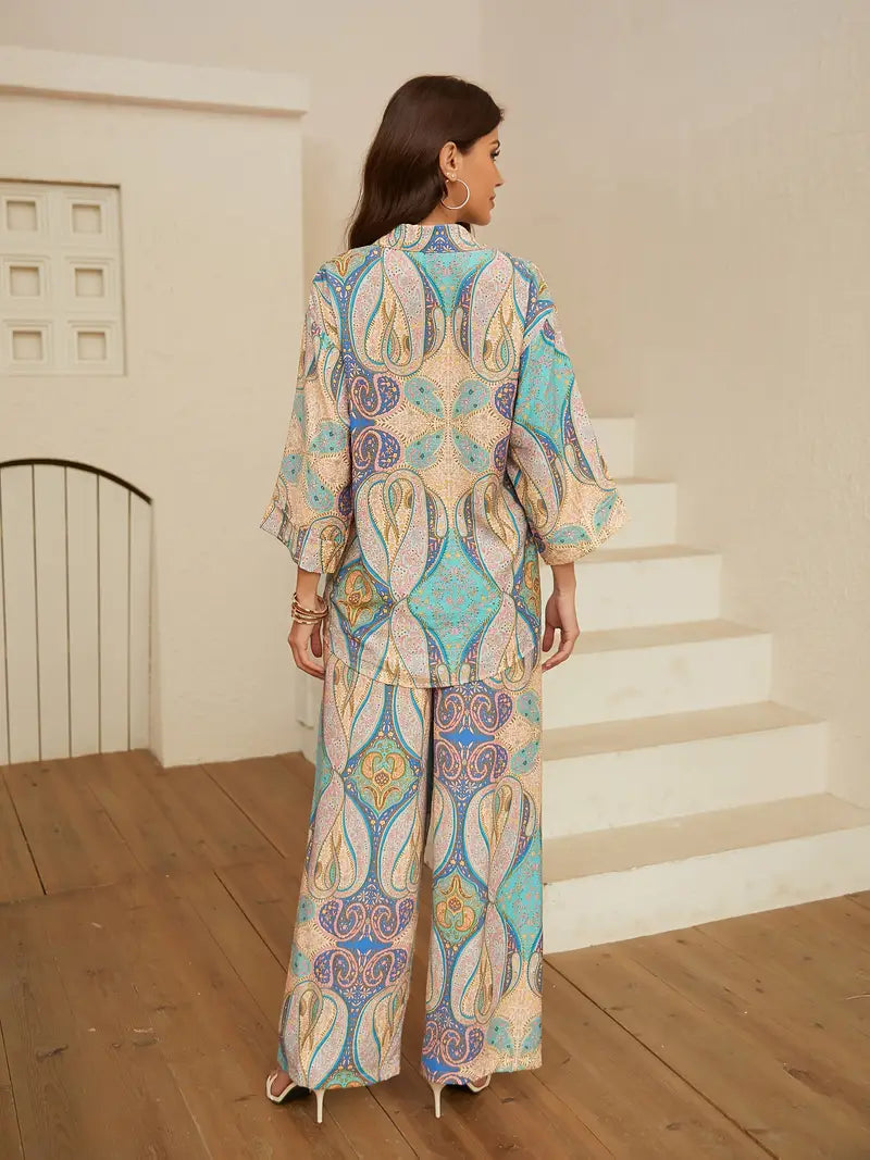 Elegant Grey Printed Co-Ord Set for Women – Western Style Long Shirt & Pants