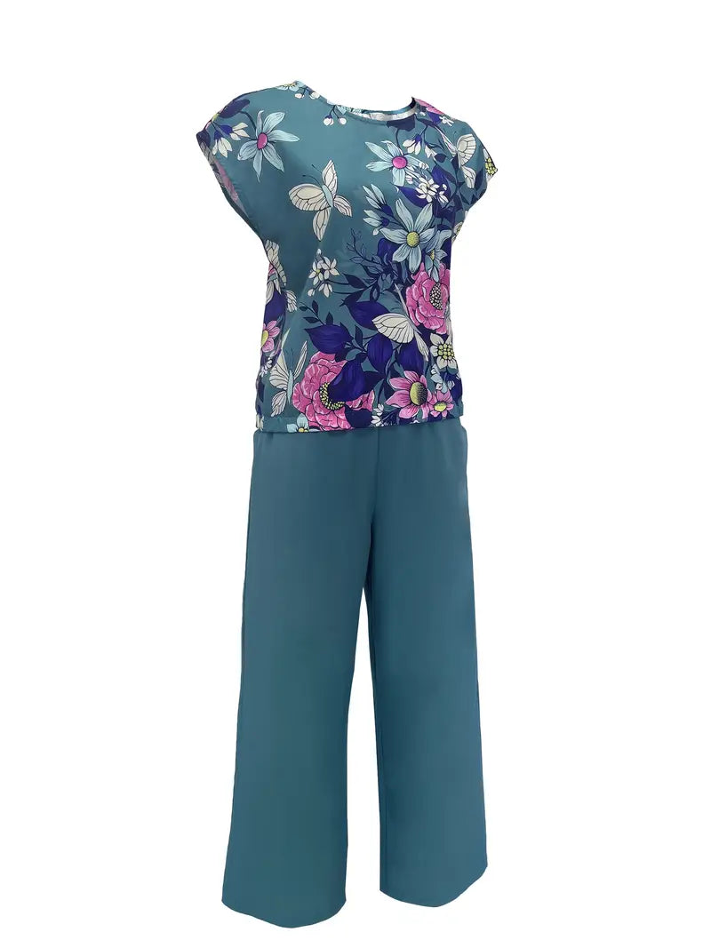 Flutter Chic – Boat Neck Floral Top with Matching Pants Set