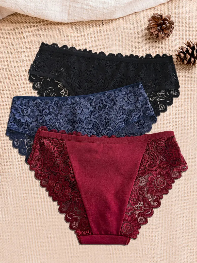 6-Pack Women's Sexy Floral Lace Briefs - Hollow Out Solid Color Panties