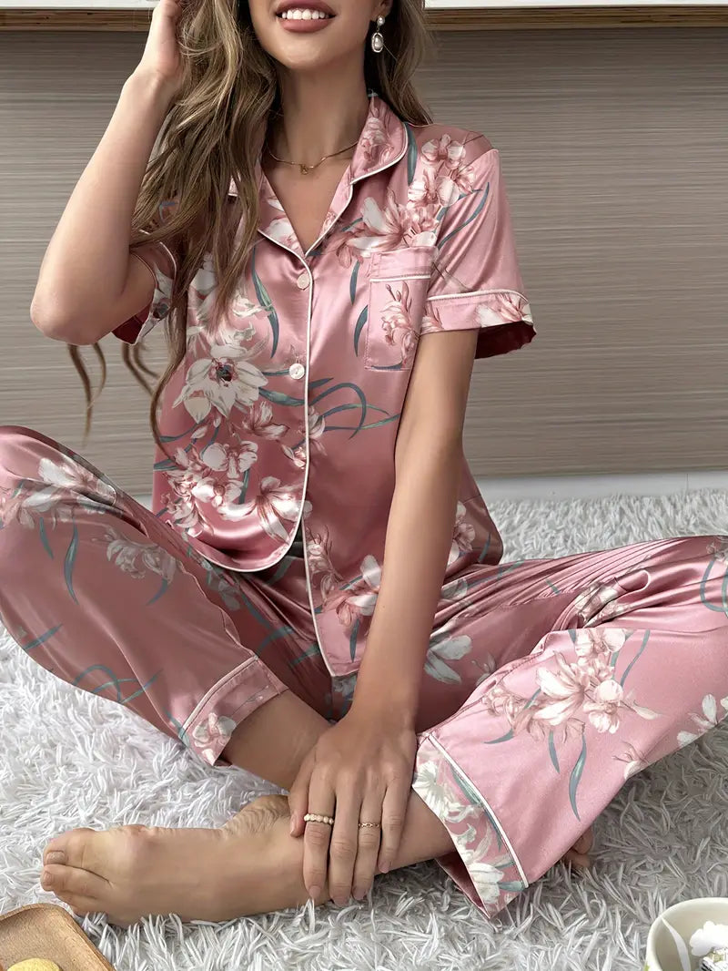 Chic Satin Print Pajamas - Short Sleeve Cardigan & Long Pants Loungewear