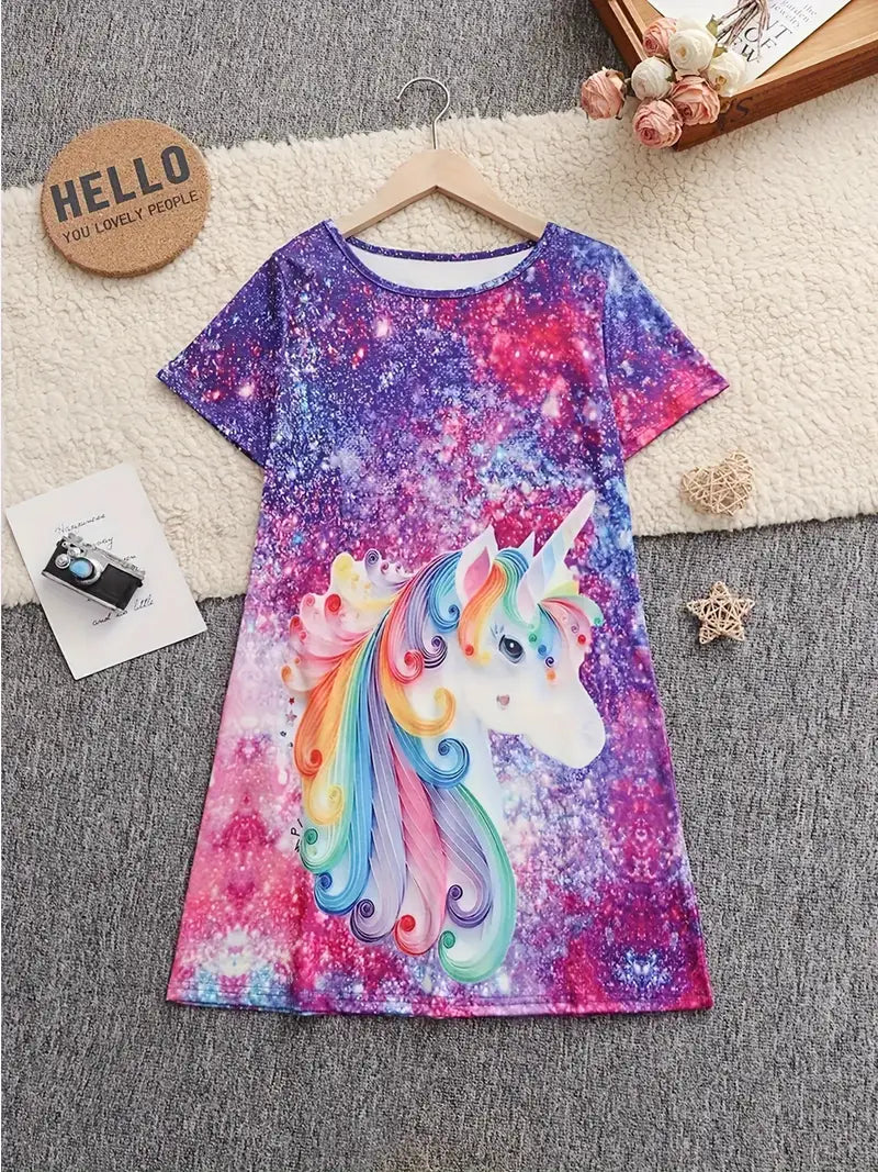 Girls' 4-Pack Novelty Dresses: Unicorn & Butterfly 3D patterns, perfect for summer vacation/casual wear.