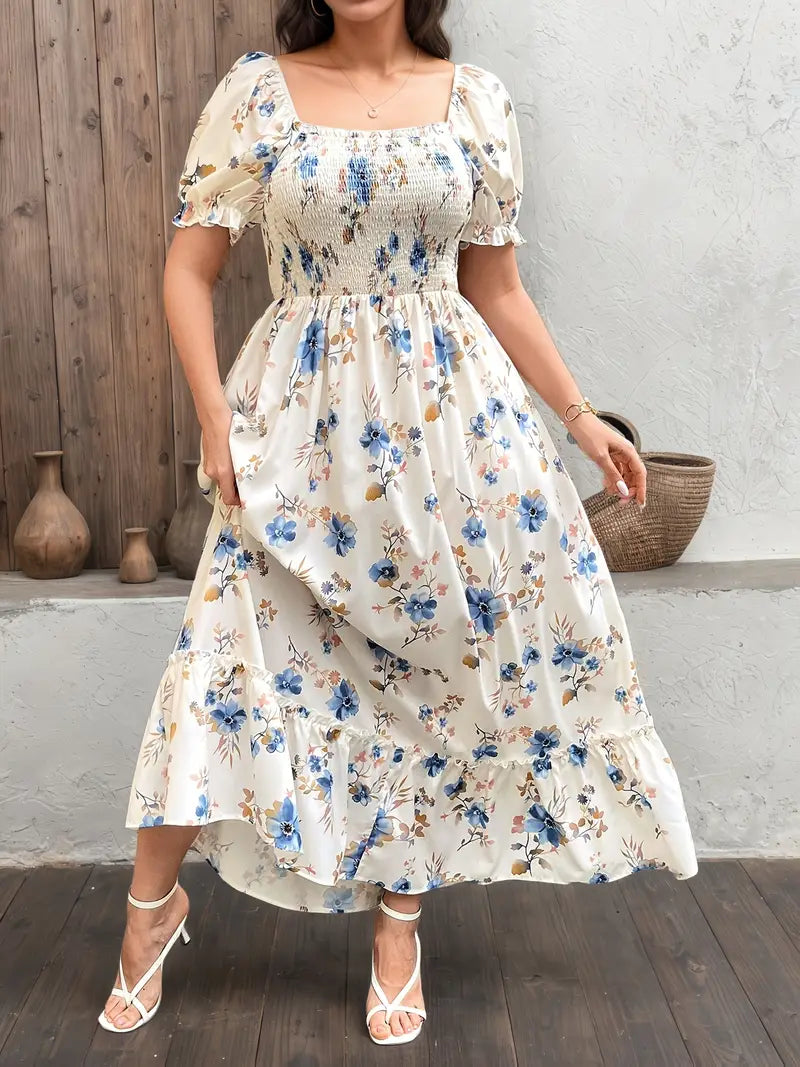 Floral Puff Sleeve Midi Dress A-Line with Square Neck & Waist Cinch