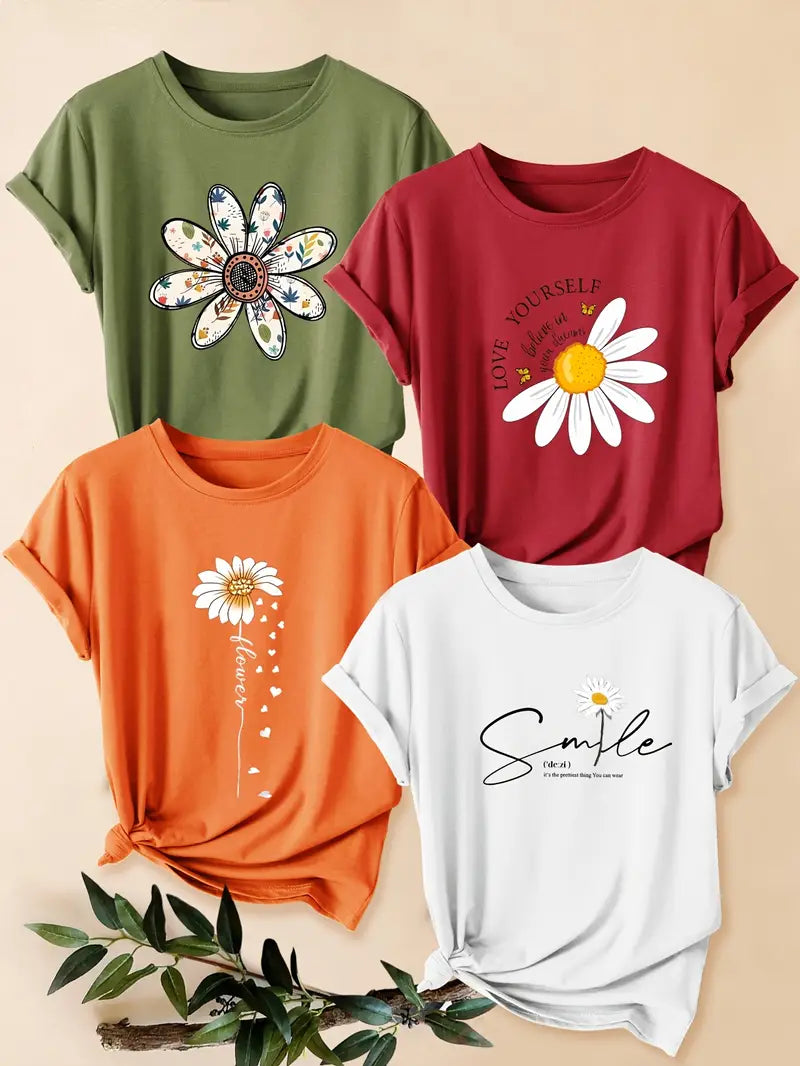 4pcs Women's - Daisy Print T-Shirts
