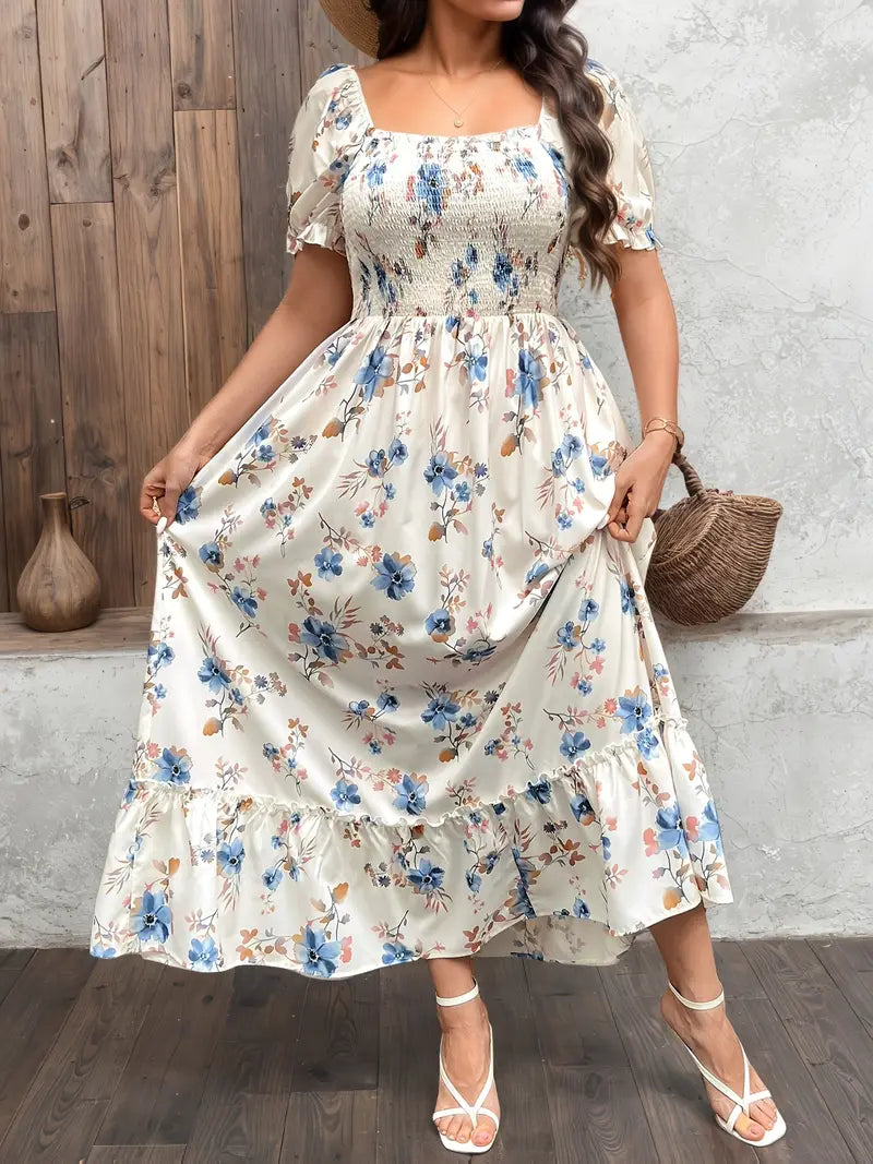 Floral Puff Sleeve Midi Dress A-Line with Square Neck & Waist Cinch