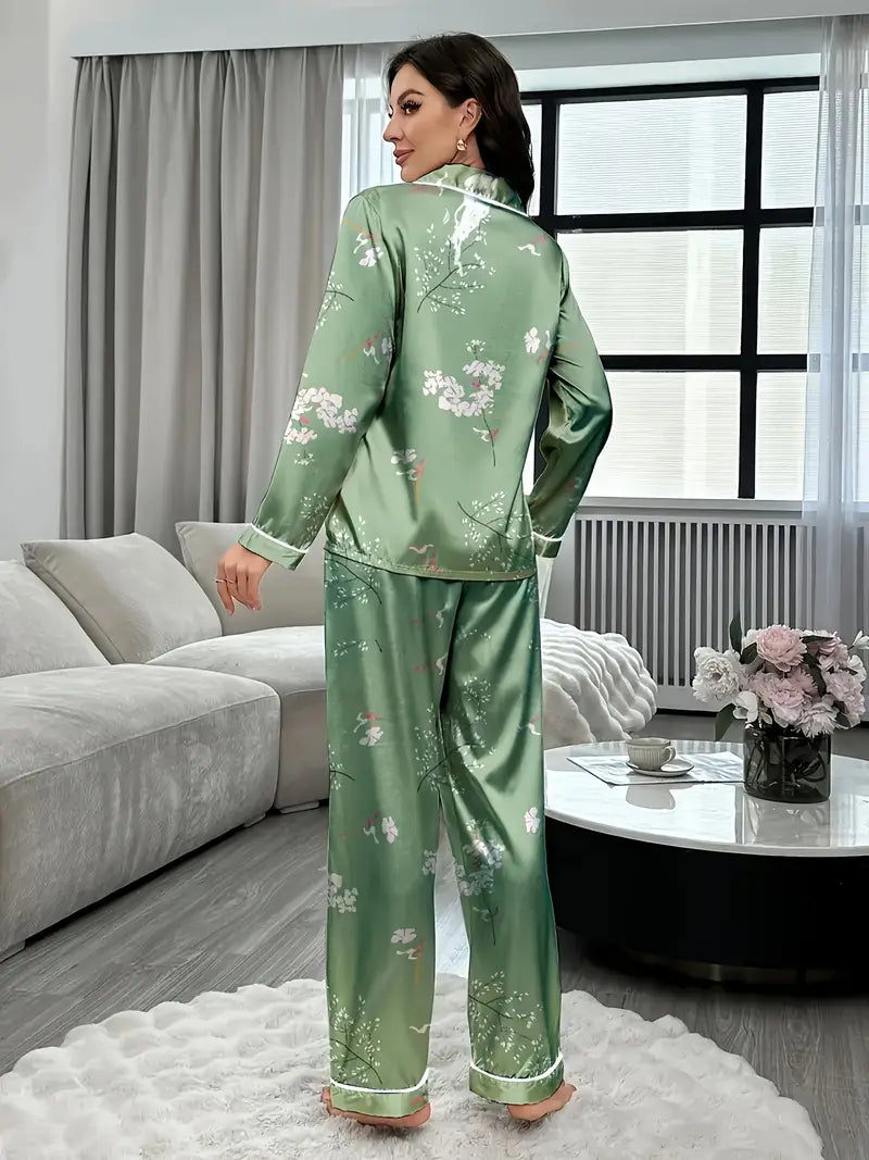 Comfortable Green Floral Satin Pajama Set for Women – All-Season Loungewear