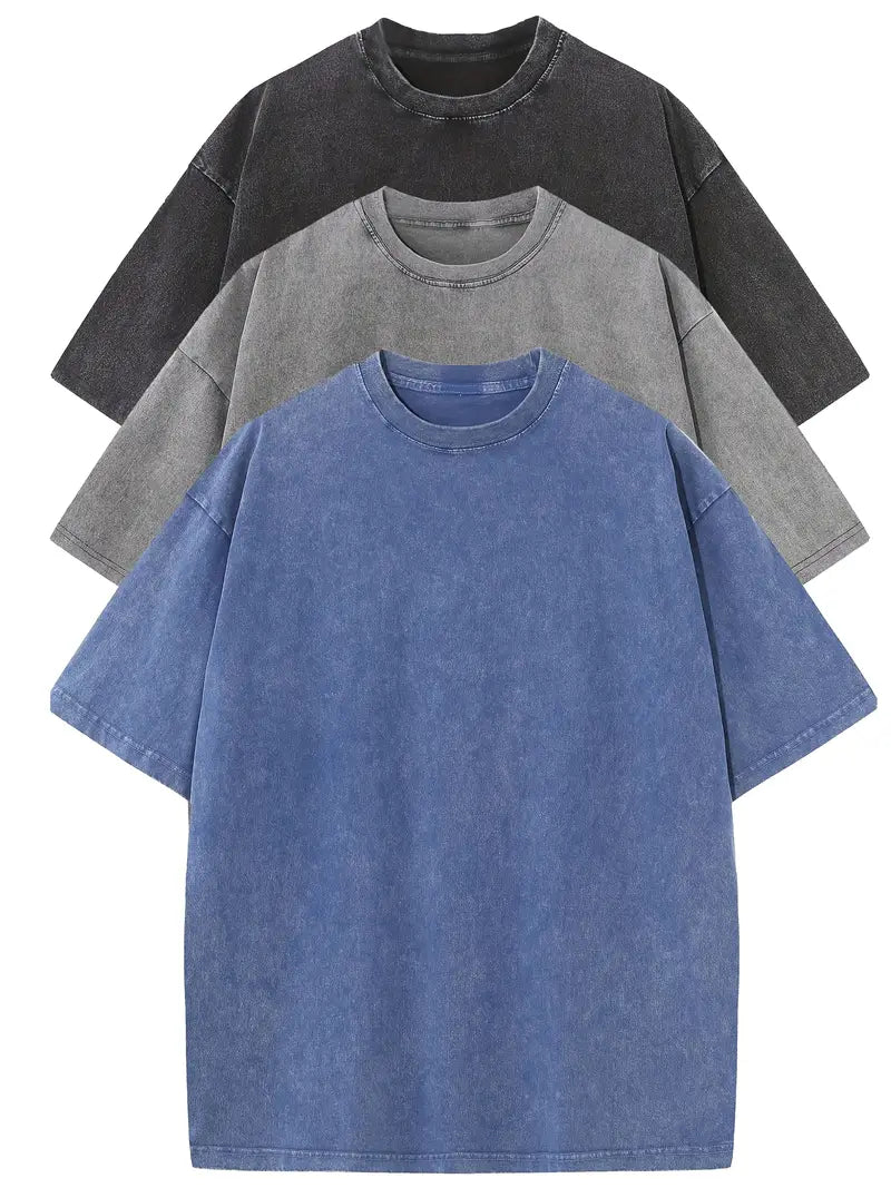 3pcs Men's 100% Cotton 240gsm Vintage Washed Relaxed Fit T-Shirts
