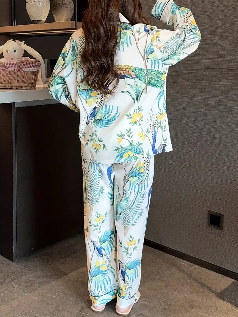 Women's Comfortable Floral & Bird Print Loungewear Set – Long Sleeve & Pants for Spring/Fall
