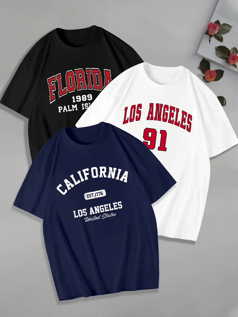 3-Pack Men's College-Style Graphic Tees – Florida, LA & California Print Crewnecks (Black, White, Green)