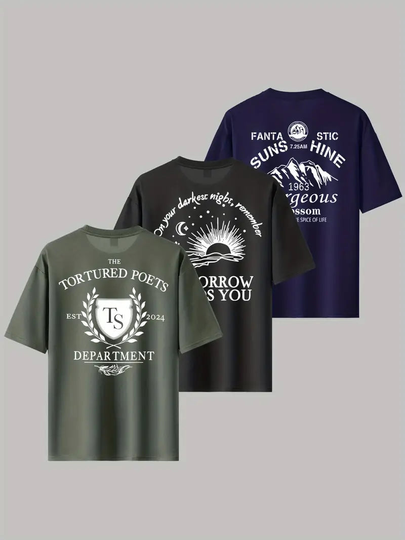 Men’s 3-Pack Graphic T-Shirts – Lightweight trending round neck