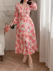 Floral Midi Dress Pink & White Rose Floral V-Neck Midi Dress