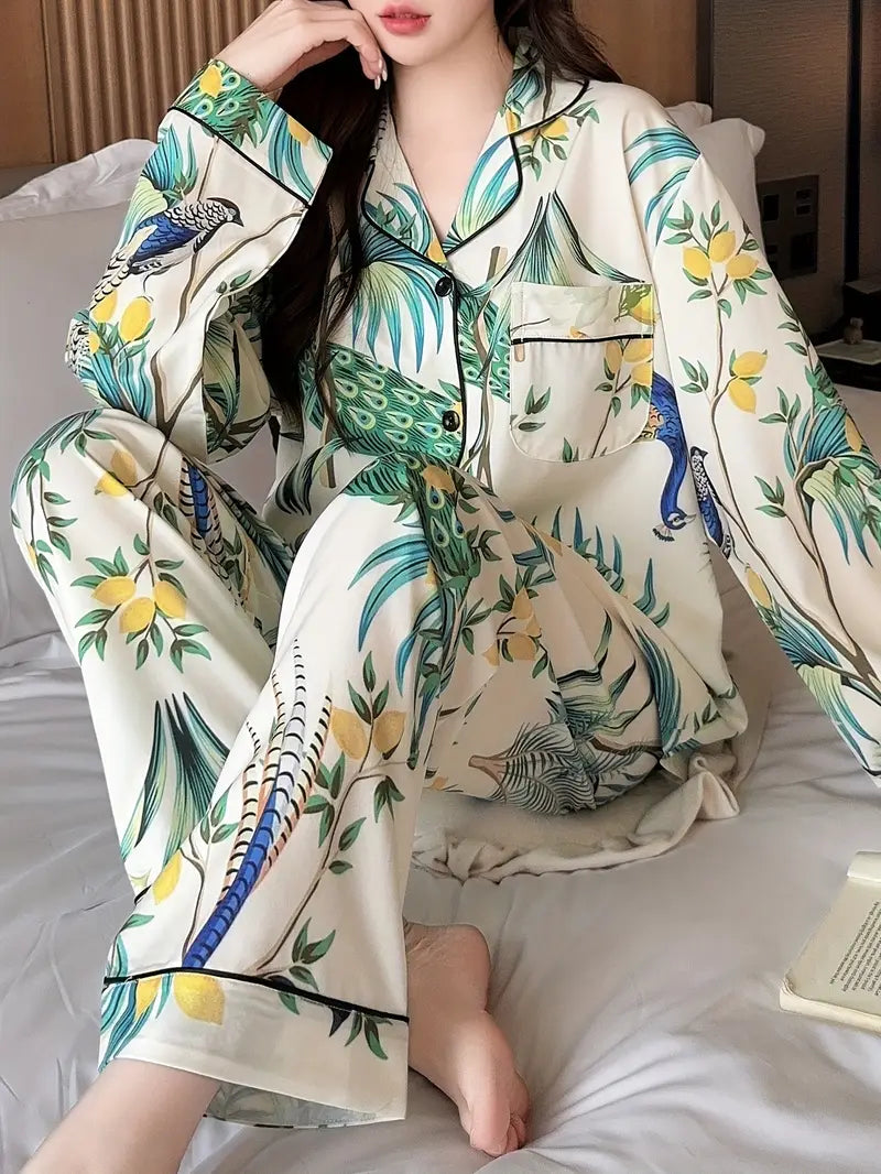 Women's Comfortable Floral & Bird Print Loungewear Set – Long Sleeve & Pants for Spring/Fall