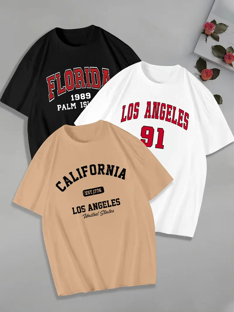 3-Pack Men's College-Style Graphic Tees – Florida, LA & California Print Crewnecks (Black, White, Green)
