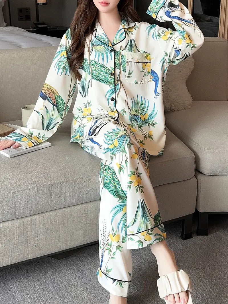 Women's Comfortable Floral & Bird Print Loungewear Set – Long Sleeve & Pants for Spring/Fall