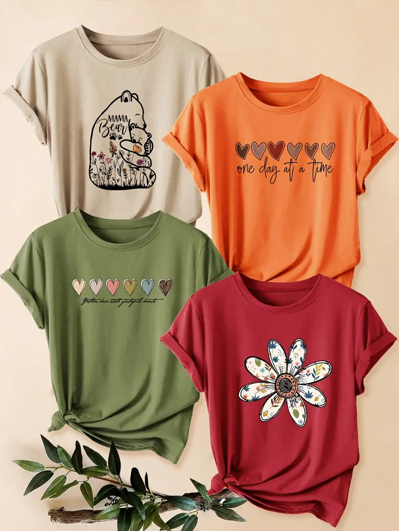 4pcs Women's - Daisy Print T-Shirts