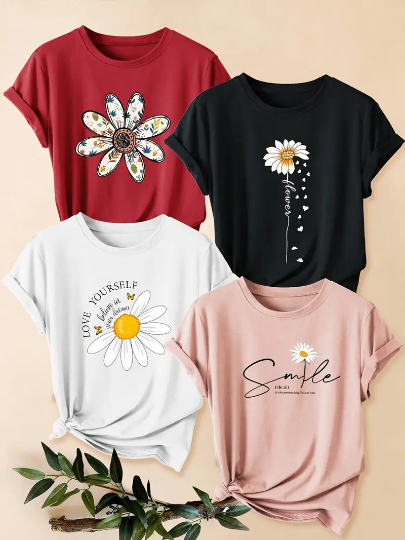4pcs Women's - Daisy Print T-Shirts