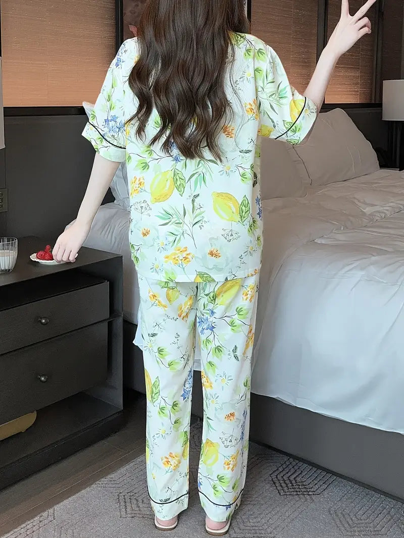 Women's Lightweight Floral Pajama Set - Comfortable Short Sleeve Top & Long Pants for Summer